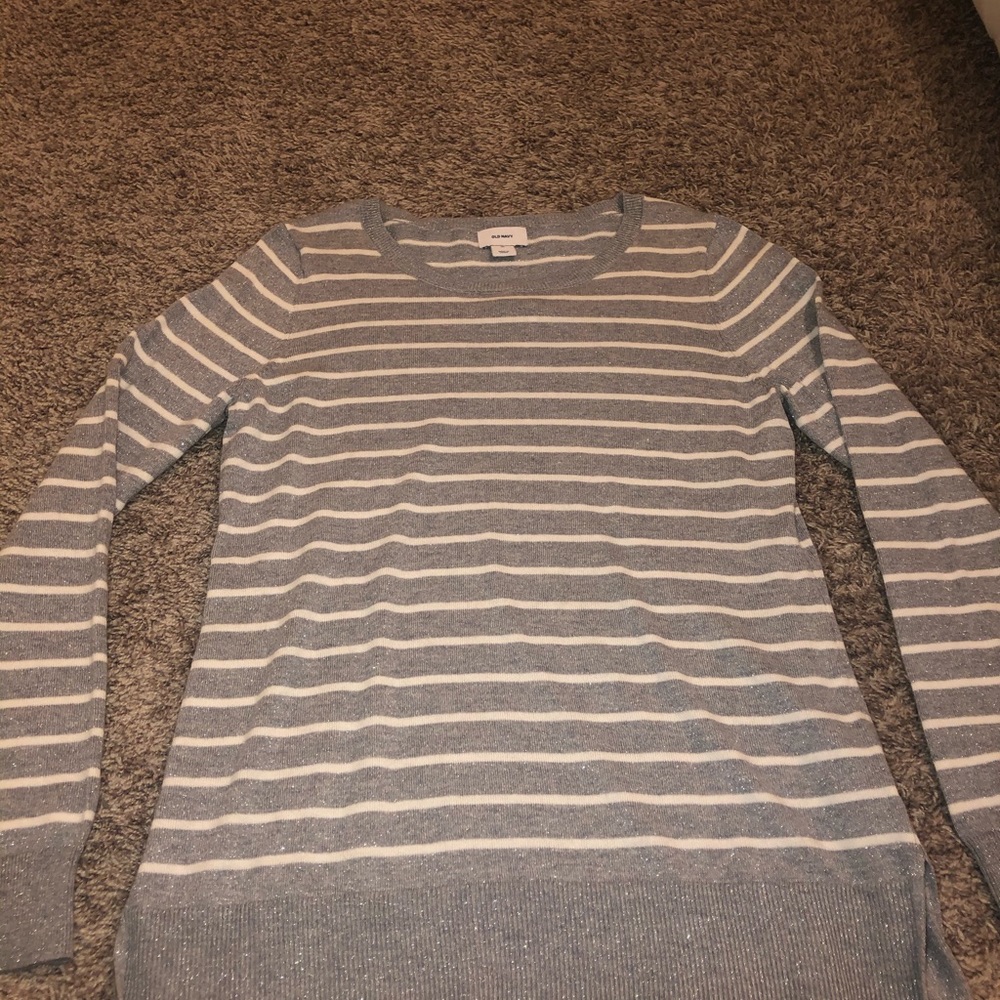 Sparkly gray and white striped sweater